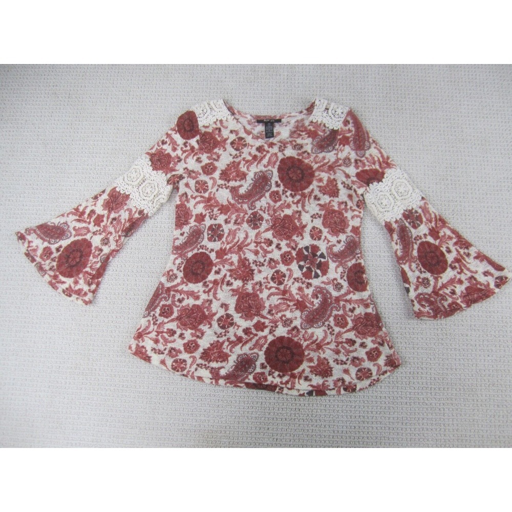 Style & Co Shirt Womens PS Petite Small Red Paisley Floral Blouse‎ Long Sleeve